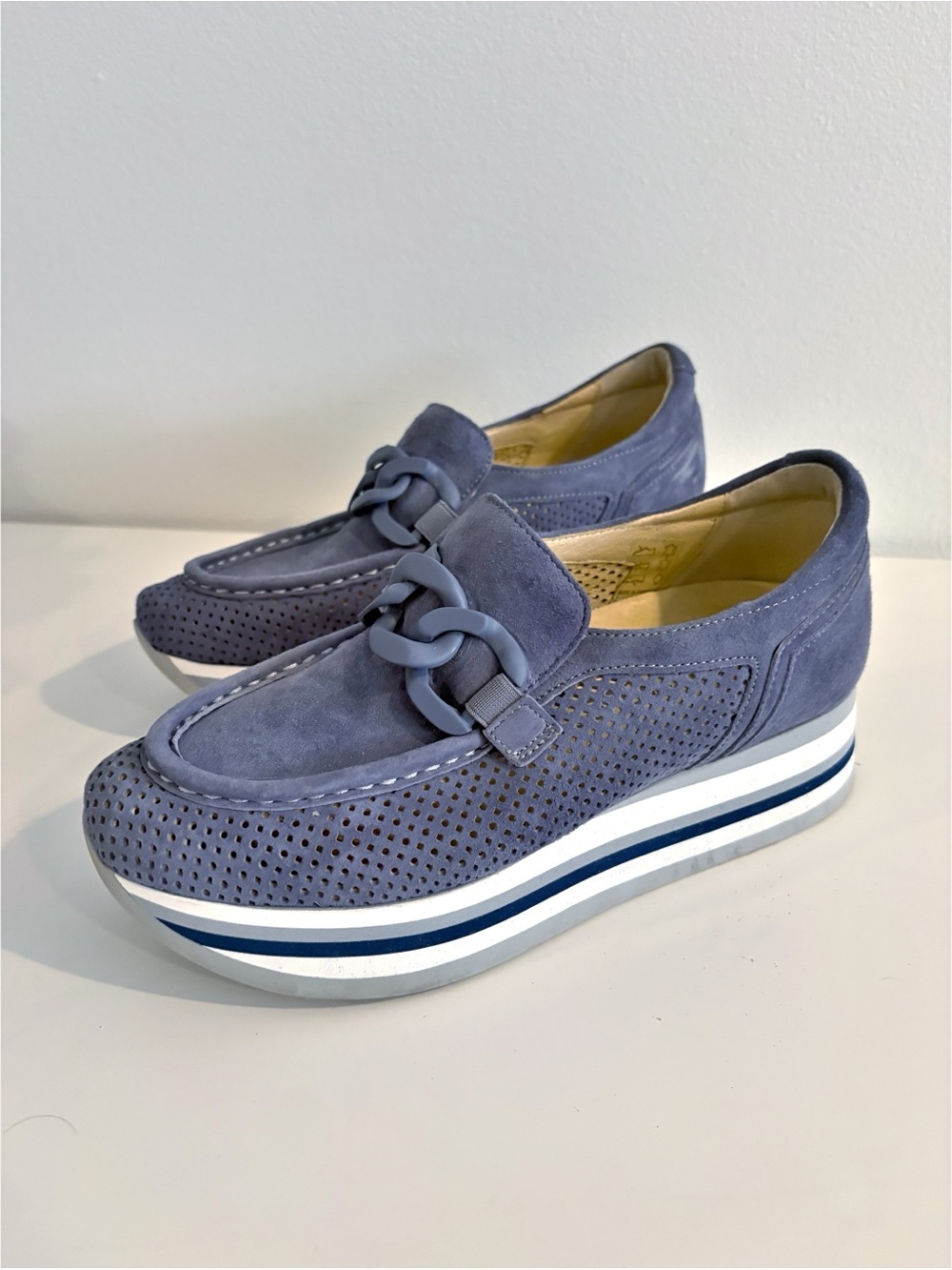 Softwaves || Cassie Suede Buckle Platform Loafers Perforated Blue